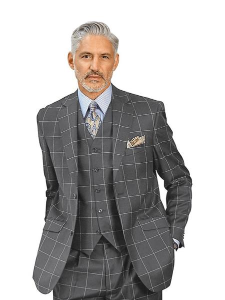Mens Plaid Suit - Dark Grey Windowpane Suit - 1920 Suits - 38 Short Jacket+32 Waist Adjustable 28to34)(Height: 5â€™4â€to5â€™7â€)(Neck 15-16.5)S-M)