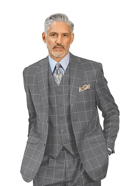Mens Plaid Suit - Light Grey Windowpane Suit - 1920 Suits - 38 Short Jacket+32 Waist Adjustable 28to34)(Height: 5â€™4â€to5â€™7â€)(Neck 15-16.5)S-M)