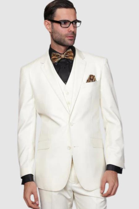 Mens 2 Button Notch Lapel 3 PC Suit With Vest Off-White - 34 Short or Extra Small