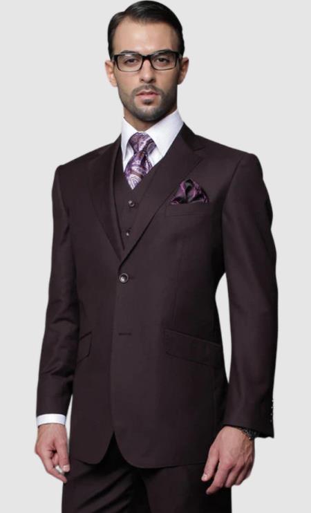 Mens 2 Button Notch Lapel 3 PC Suit With Vest Plum ~ Eggplant - 34 Short or Extra Small