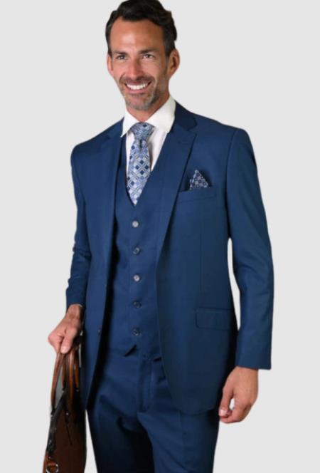 Mens 2 Button Notch Lapel 3 PC Suit With Vest French Blue - 34 Short or Extra Small