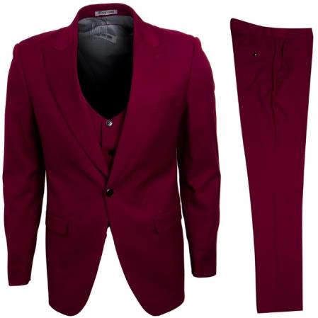 Mens Stacy Adams Suits - Designer Suit - 3 Piece Suit - Vested Suit - Flat Front Pant- Modern Fit Suits Burgundy Suit - 38 Short Jacket+32 Waist Adjustable 28to34)(Height: 5’4”to5’7”)(Neck 15-16.5)S-M)