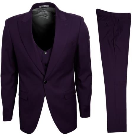 Mens Stacy Adams Suits - Designer Suit - 3 Piece Suit - Vested Suit - Flat Front Pant- Modern Fit Suits Eggplant Suit - 38 Short Jacket+32 Waist Adjustable 28to34)(Height: 5’4”to5’7”)(Neck 15-16.5)S-M)