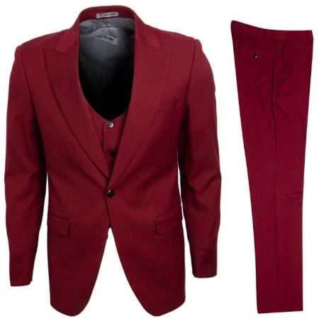 Mens Stacy Adams Suits - Designer Suit - 3 Piece Suit - Vested Suit - Flat Front Pant- Modern Fit Suits Cherry Suit - 38 Short Jacket+32 Waist Adjustable 28to34)(Height: 5’4”to5’7”)(Neck 15-16.5)S-M)