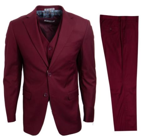 Mens Stacy Adams Suits - Designer Suit - 3 Piece Suit - Vested Suit - Flat Front Pant- Modern Fit Suits Burgundy Suit - 38 Short Jacket+32 Waist Adjustable 28to34)(Height: 5’4”to5’7”)(Neck 15-16.5)S-M)