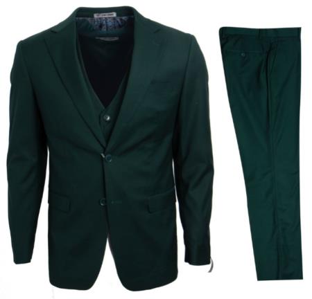 Mens Stacy Adams Suits - Designer Suit - 3 Piece Suit - Vested Suit - Flat Front Pant- Modern Fit Suits Green Suit - 38 Short Jacket+32 Waist Adjustable 28to34)(Height: 5’4”to5’7”)(Neck 15-16.5)S-M)