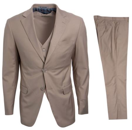 Mens Stacy Adams Suits - Designer Suit - 3 Piece Suit - Vested Suit - Flat Front Pant- Modern Fit Suits Tan Suit - 38 Short Jacket+32 Waist Adjustable 28to34)(Height: 5’4”to5’7”)(Neck 15-16.5)S-M)