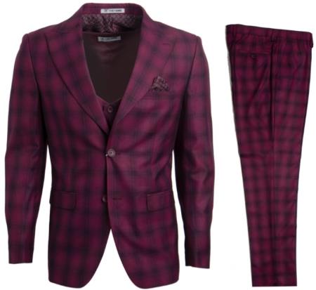 Mens Stacy Adams Suits - Designer Suit - 3 Piece Suit - Vested Suit - Flat Front Pant- Modern Fit Suits Burgundy Suit - 38 Short Jacket+32 Waist Adjustable 28to34)(Height: 5’4”to5’7”)(Neck 15-16.5)S-M)