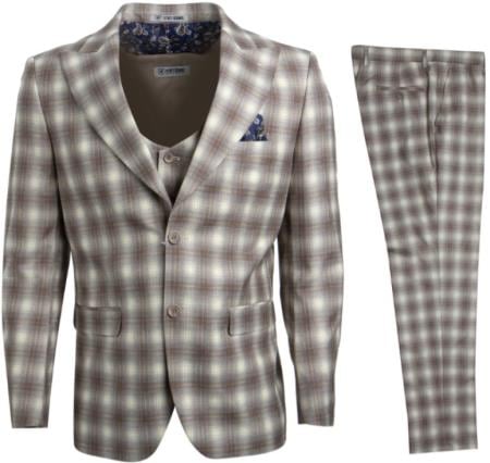 Mens Stacy Adams Suits - Designer Suit - 3 Piece Suit - Vested Suit - Flat Front Pant- Modern Fit Suits Tan ~ Brown Suit - 38 Short Jacket+32 Waist Adjustable 28to34)(Height: 5’4”to5’7”)(Neck 15-16.5)S-M)