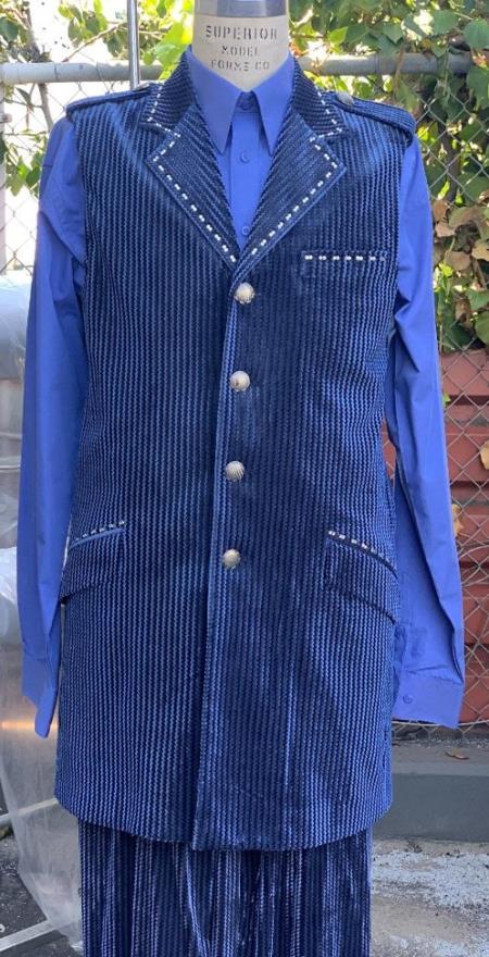 Unique Vest With Wide Leg Pants - Pleated Pants - Blue - 38 Short Jacket+32 Waist Adjustable 28to34)(Height: 5’4”to5’7”)(Neck 15-16.5)S-M)