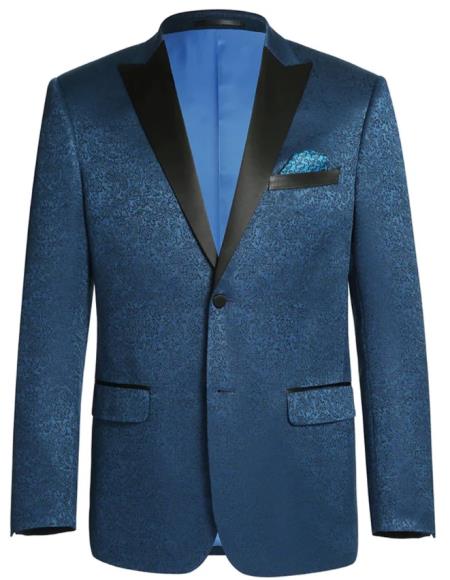 Mens 2 Button Satin Peak Lapel Paisley Prom 2026 Blazer in Dark Teal