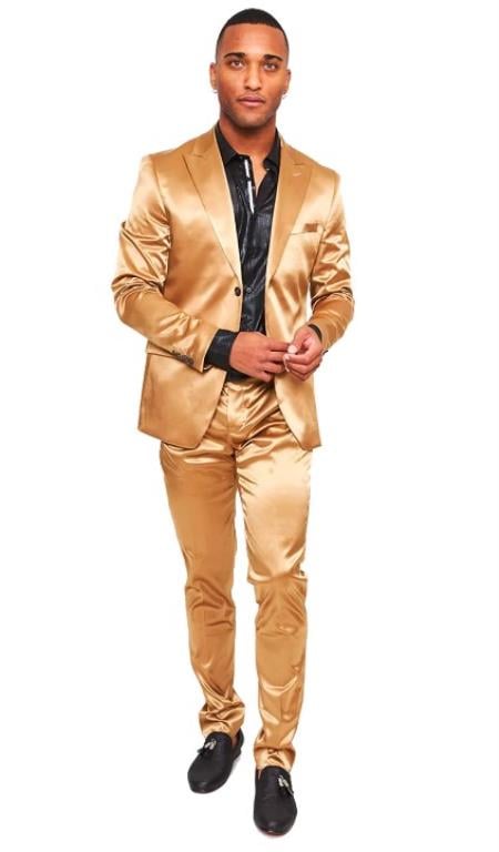Gold Suit - Gold Tuxedo - Shiny Champaign Suit - 38 Short Jacket+32 Waist Adjustable 28to34)(Height: 5’4”to5’7”)(Neck 15-16.5)S-M)