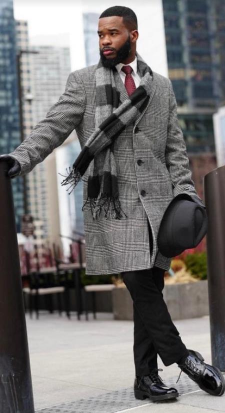 Mens Overcoat - Grey and Black Glen Plaid Carocat - Coat Size 38