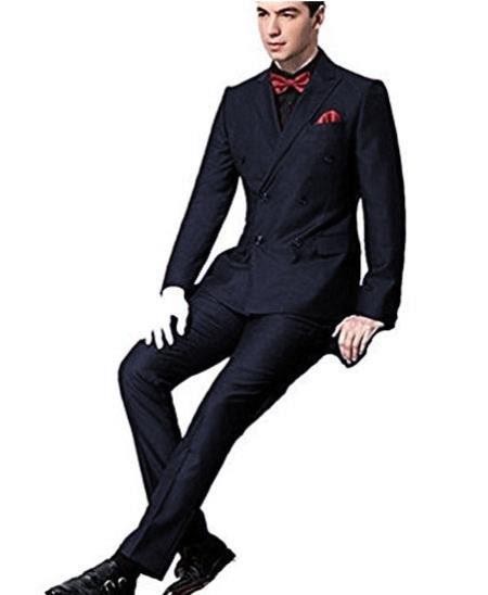 Ultra Slim Fit Double Breasted Dark Navy Suit - Narrow Leg Pants - Gucci Cut - Tapered Jacket - 38 Short Jacket+32 Waist Adjustable 28to34)(Height: 5’4”to5’7”)(Neck 15-16.5)S-M)