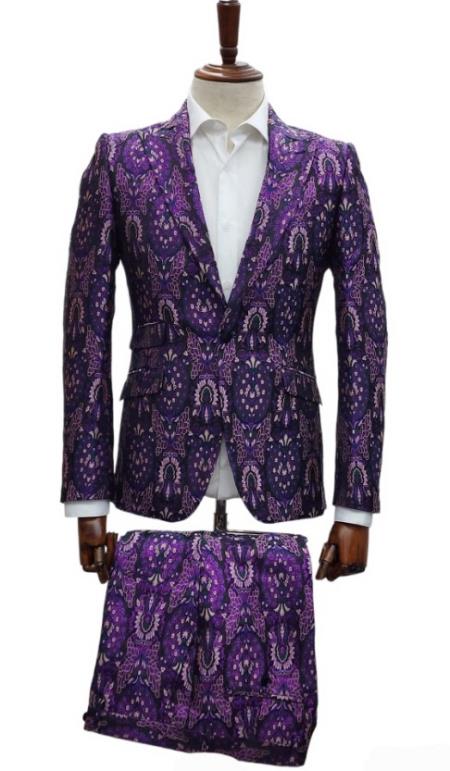Purple Suit - Paisley Suit - 38 Short Jacket+32 Waist Adjustable 28to34)(Height: 5’4”to5’7”)(Neck 15-16.5)S-M)