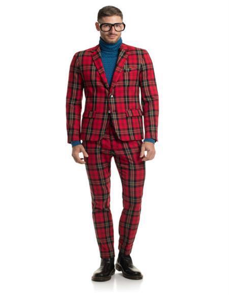 Red Plaid Suit - Vested Suit - Tartan Suit - 34 Short or Extra Small