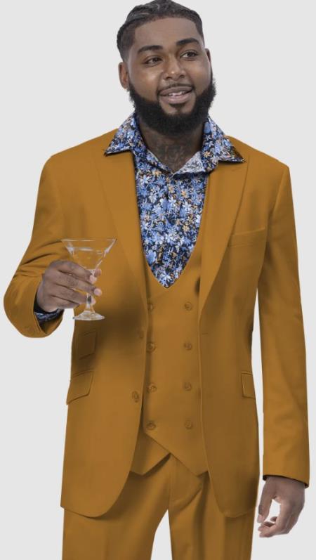Mens Two Button Peak Lapel Suit Gold - 38 Short Jacket+32 Waist Adjustable 28to34)(Height: 5’4”to5’7”)(Neck 15-16.5)S-M)