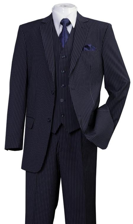 Classic Fit Pleated Pants - 2 Button Suit Pinstripe - Vested Suit 3 Pieces Suits Navy - 38 Short Jacket+32 Waist Adjustable 28to34)(Height: 5’4”to5’7”)(Neck 15-16.5)S-M)