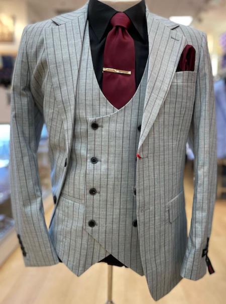 1920s Mint Grey And Black Pinstripe Suit - Vested Stripe Gangster Suit - SAM371SK-01 - 38 Short Jacket+32 Waist Adjustable 28to34)(Height: 5’4”to5’7”)(Neck 15-16.5)S-M)