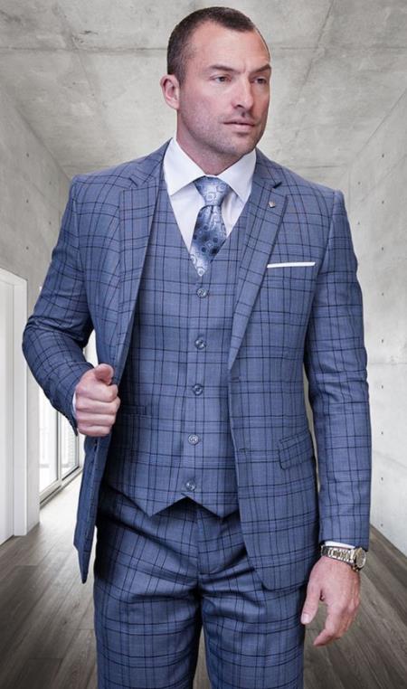 Statement Suits - Plaid Suits - Business Suits Italian Vested Suits Blue - 52 Long Jacket+46 Waist Adjust 42 to 48)(Height:6"-6.4")(Neck 18.5-20:XXL-XXXL)