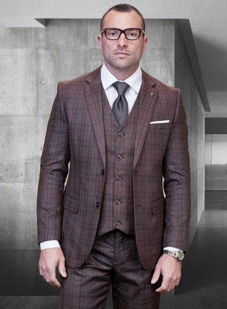 Statement Suits - Plaid Suits - Business Suits Italian Vested Suits Brown - 38 Short Jacket+32 Waist Adjustable 28to34)(Height: 5â€™4â€to5â€™7â€)(Neck 15-16.5)S-M)