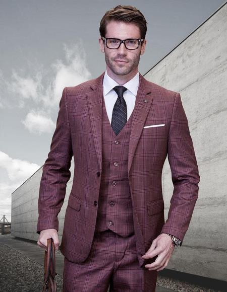 Statement Suits - Plaid Suits - Business Suits Italian Vested Suits Maroon - 38 Short Jacket+32 Waist Adjustable 28to34)(Height: 5â€™4â€to5â€™7â€)(Neck 15-16.5)S-M)