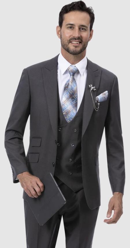 Mens Two Button Peak Lapel Suit Charcoal - 38 Short Jacket+32 Waist Adjustable 28to34)(Height: 5â€™4â€to5â€™7â€)(Neck 15-16.5)S-M)