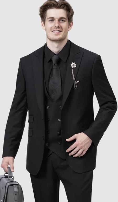 Mens Two Button Peak Lapel Suit Black - 38 Short Jacket+32 Waist Adjustable 28to34)(Height: 5’4”to5’7”)(Neck 15-16.5)S-M)