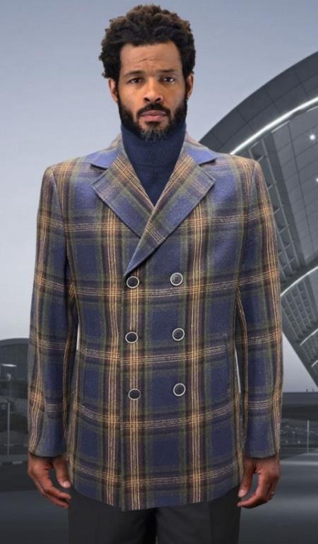 Mens Peacoat - Plaid Overcoats - Carcoat Blue - Coat Size 38