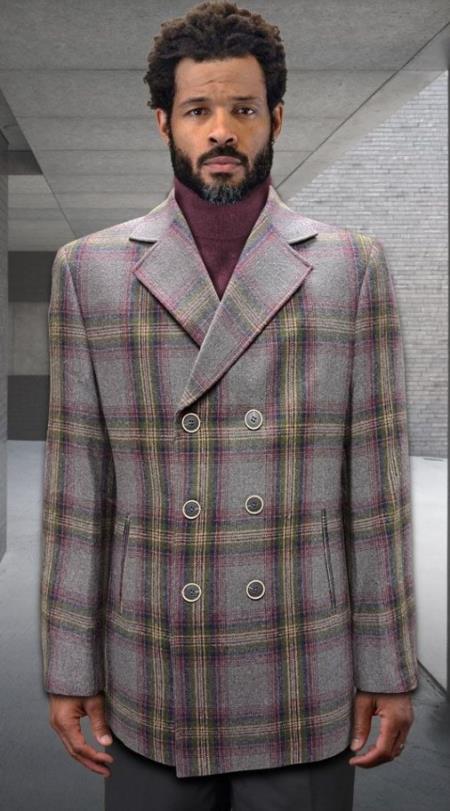 Mens Peacoat - Plaid Overcoats - Carcoat Grey - Coat Size 38