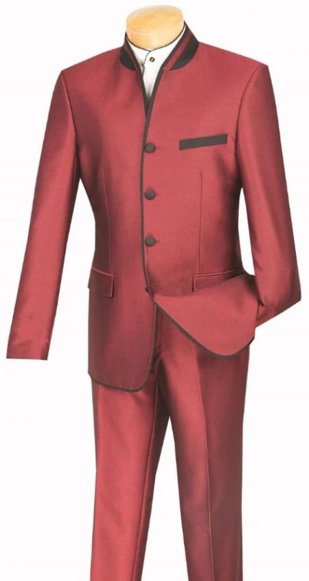 Mandarin Collar Tuxedo - Mandarin Tuxedo - No Collar Suit - Wine Suit - 38 Short Jacket+32 Waist Adjustable 28to34)(Height: 5’4”to5’7”)(Neck 15-16.5)S-M)