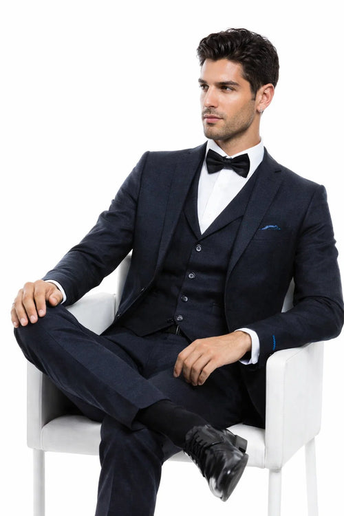 Mens Navy Blue Vintage Tweed Wedding Suit Two Button Jacket with Matching Vest