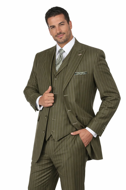 Mes Vintage Vested Gangster Pinstripe Suit Bold Olive Green Fashion 3-Piece Set