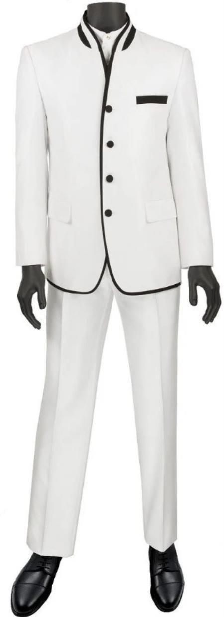 Mandarin Collar Tuxedo - Mandarin Tuxedo - No Collar Suit - White Suit - 38 Short Jacket+32 Waist Adjustable 28to34)(Height: 5’4”to5’7”)(Neck 15-16.5)S-M)