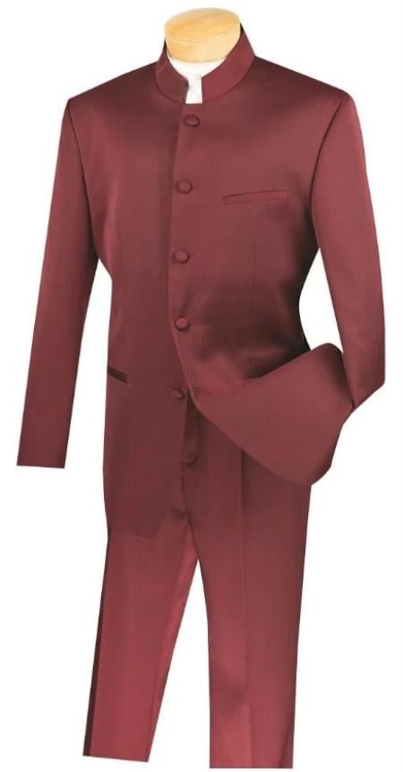 Mandarin Collar Tuxedo - Mandarin Tuxedo - No Collar Suit - Burgundy Suit - 34 Short or Extra Small