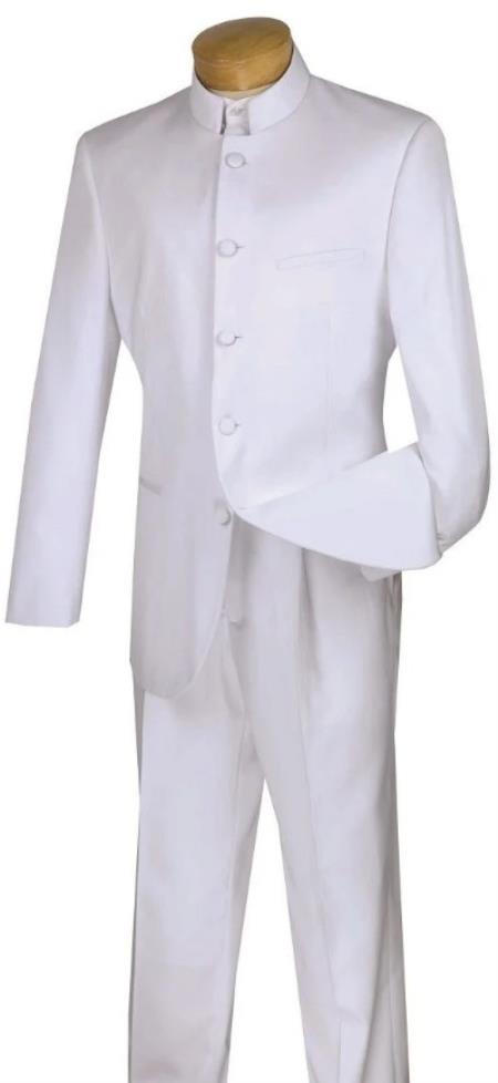 Mandarin Collar Tuxedo - Mandarin Tuxedo - No Collar Suit - White Suit - 38 Short Jacket+32 Waist Adjustable 28to34)(Height: 5’4”to5’7”)(Neck 15-16.5)S-M)