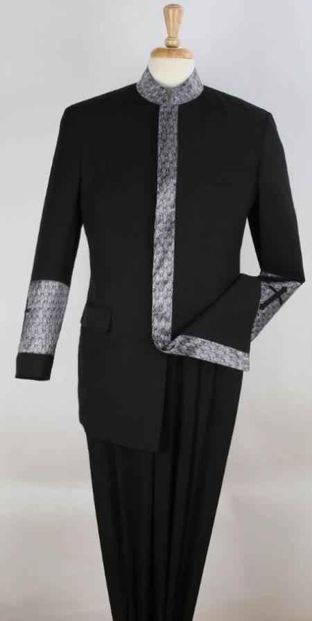 Mandarin Collar Tuxedo - Mandarin Tuxedo - No Collar Suit - Black Suit - 38 Short Jacket+32 Waist Adjustable 28to34)(Height: 5’4”to5’7”)(Neck 15-16.5)S-M)