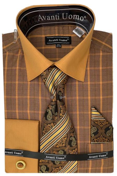 Mens Rust Tone on Tone Check Pattern Dress Shirt - Small 14.5” Neck / 32-33” Sleeve