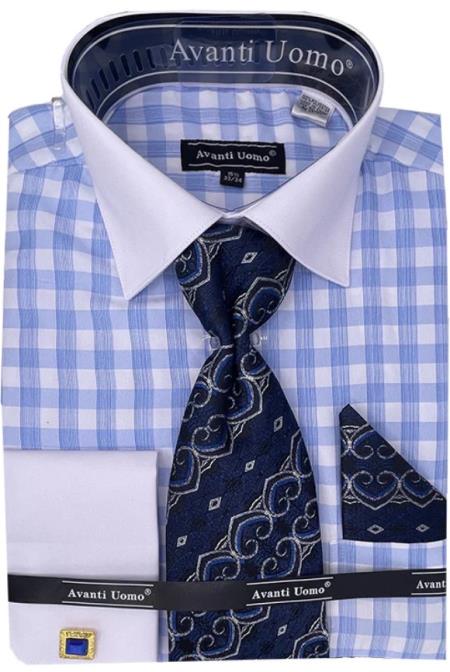 Mens Light Blue Check Dress Shirt - Small 14.5” Neck / 32-33” Sleeve