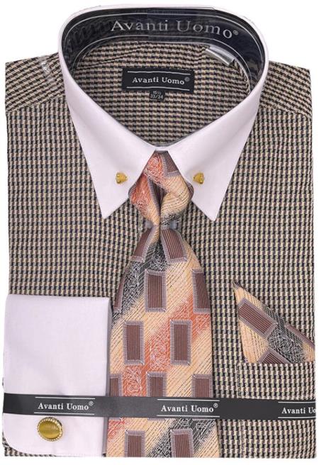 Mens Beige Houndstooth Dress Shirt - 19.5" Neck/36-37" Sleeve