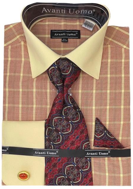 Red Tone On Tone Check Pattern Dress Shirt Set With Cuff