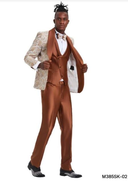 Champagne Wedding Suit - Tan Tuxedo - Ivory and Brown Tuxedo Suit - 48 Regular Jacket+42 Waist Adjust 38to44)Height: 5'7"-6')(Neck 17.5-19:Xl-XXL