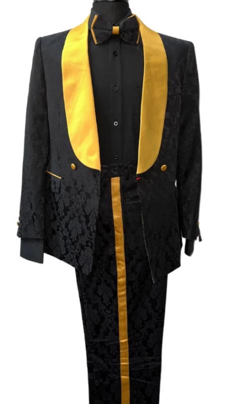 Mens 2 Button Shawl Lapel Suit Black ~ Gold - 38 Short Jacket+32 Waist Adjustable 28to34)(Height: 5’4”to5’7”)(Neck 15-16.5)S-M)