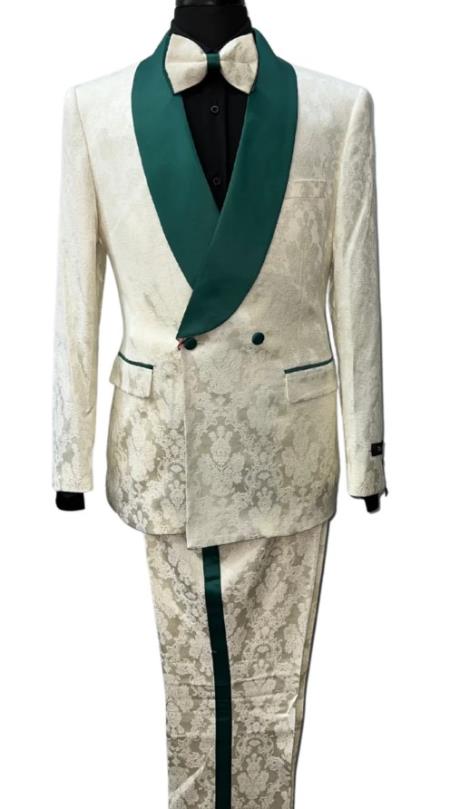 Mens 2 Button Shawl Lapel Suit Ivory ~ Emerald Green - 38 Short Jacket+32 Waist Adjustable 28to34)(Height: 5â€™4â€to5â€™7â€)(Neck 15-16.5)S-M)