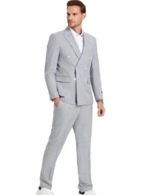 Double Breasted Suits - Slim Fit - Gray Stripe Suit - 38 Short Jacket+32 Waist Adjustable 28to34)(Height: 5’4”to5’7”)(Neck 15-16.5)S-M)