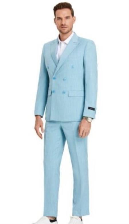 Double Breasted Suits - Slim Fit - Blue Stripe Suit - 38 Short Jacket+32 Waist Adjustable 28to34)(Height: 5’4”to5’7”)(Neck 15-16.5)S-M)