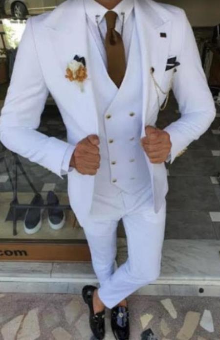 White and Gold Suit - Vested Suit - Double Breasted Vest Gold Button - 38 Short Jacket+32 Waist Adjustable 28to34)(Height: 5â€™4â€to5â€™7â€)(Neck 15-16.5)S-M)