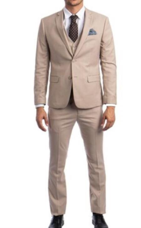 Mens Tan Beige 3 Piece 2 Button Ultra Slim Fit Suit - 38 Short Jacket+32 Waist Adjustable 28to34)(Height: 5â€™4â€to5â€™7â€)(Neck 15-16.5)S-M)