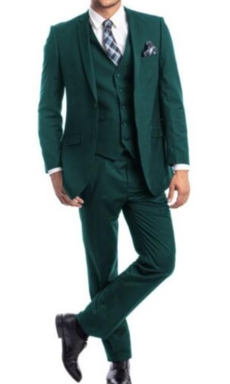 Mens Forest Green 3 Piece 2 Button Slim Fit Suit - 38 Short Jacket+32 Waist Adjust 28to34)(Height: 5 4 to5 7 )(Neck  15-16.5)S-M)