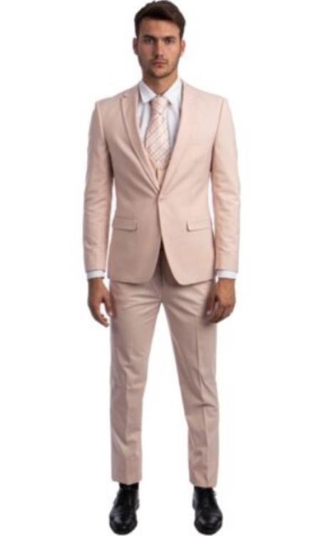 Mens Blush Pink 3 Piece 2 Button Super Slim Fit Suit - Slim Fit Cut - 38 Short Jacket+32 Waist Adjustable 28to34)(Height: 5â€™4â€to5â€™7â€)(Neck 15-16.5)S-M)